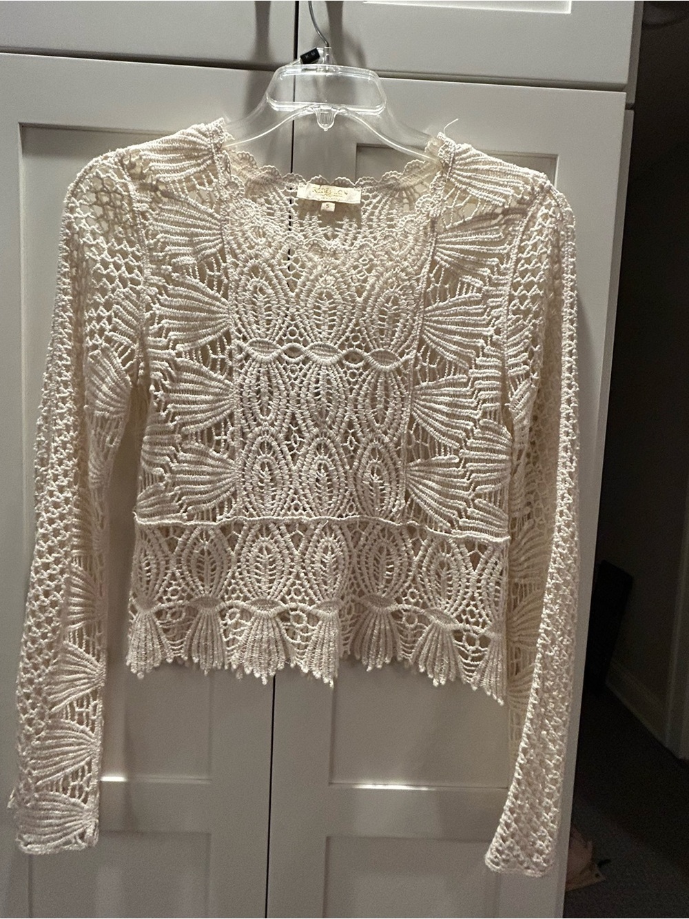 Women's Cream Cotton Crochet Long-Sleeve Top